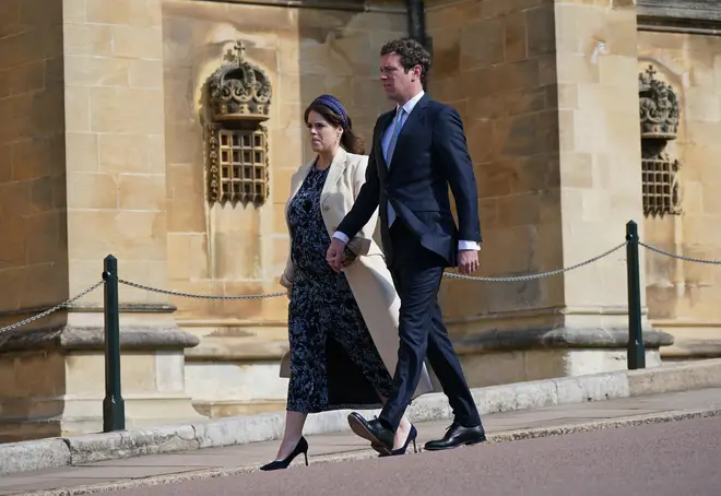 Princess Eugenie and Jack Brooksbank attending the Easter Mattins Service at St George's Chapel at Windsor Castle in Berkshire. Picture date: Sunday April 9, 2023.