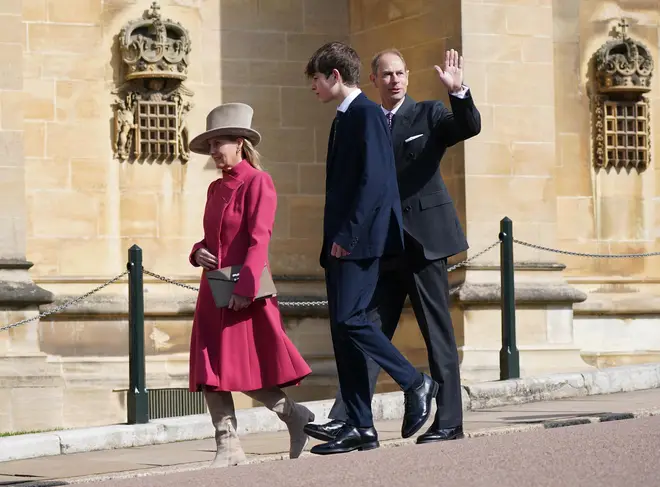 The Duke and Duchess of Edinburgh with the Earl of Wessex attending the Easter Mattins Service at St George's Chapel at Windsor Castle in Berkshire. Picture date: Sunday April 9, 2023.