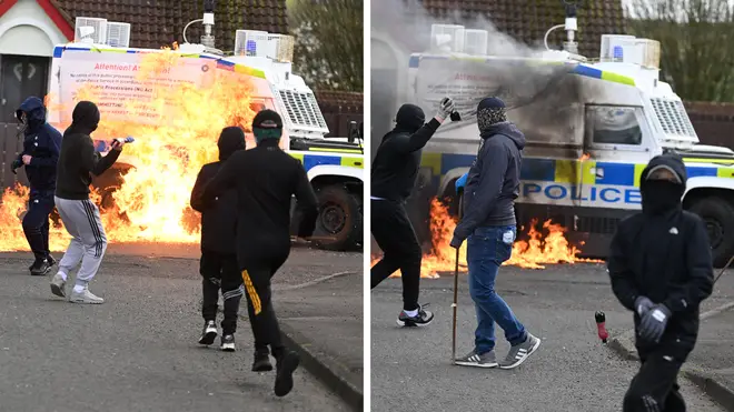 A PSNI Land Rover was damaged by petrol bombs