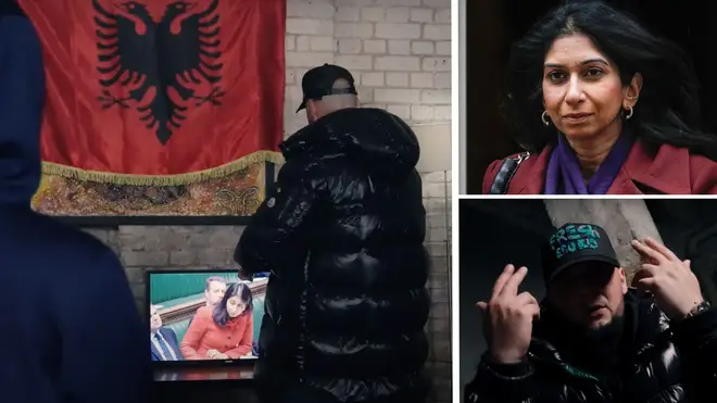 The UK-based Albanian rapper smashes TV screen showing Suella Braverman for new music video