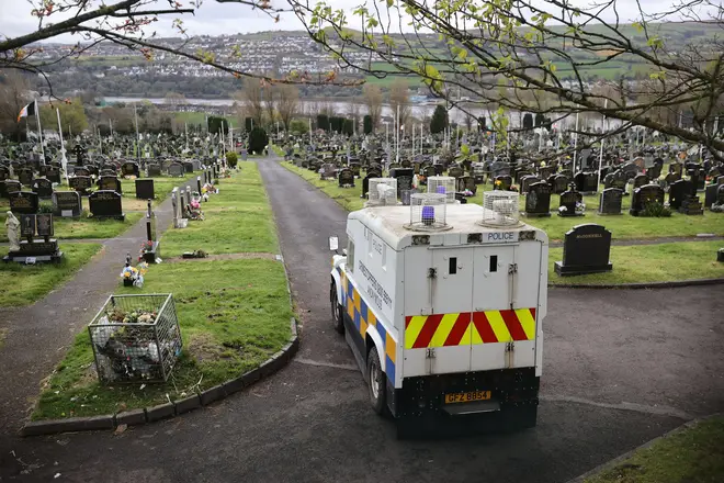 A PSNI vehicle inside Derry City Cemetery where the bombs were found