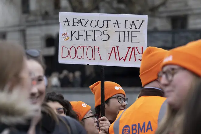 Thousands have marched through the capital as junior doctors embark on the first day of strikes this month.