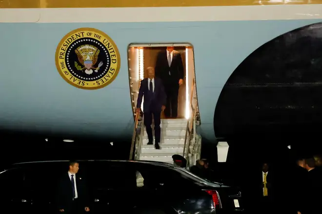 US President Joe Biden arrives on Air Force One at RAF Aldergrove airbase in County Antrim, for his visit to the island of Ireland