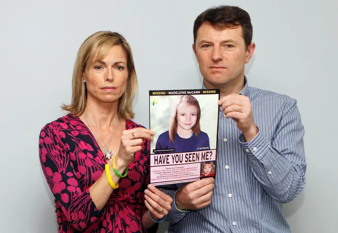 Kate and Gerry McCann pose with a computer generated image of how their missing daughter Madeleine might look in 2012