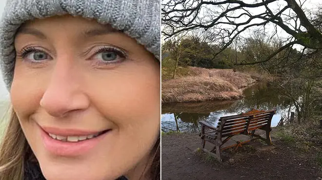 Nicola Bulley alongside picture of the bench and river she went missing at
