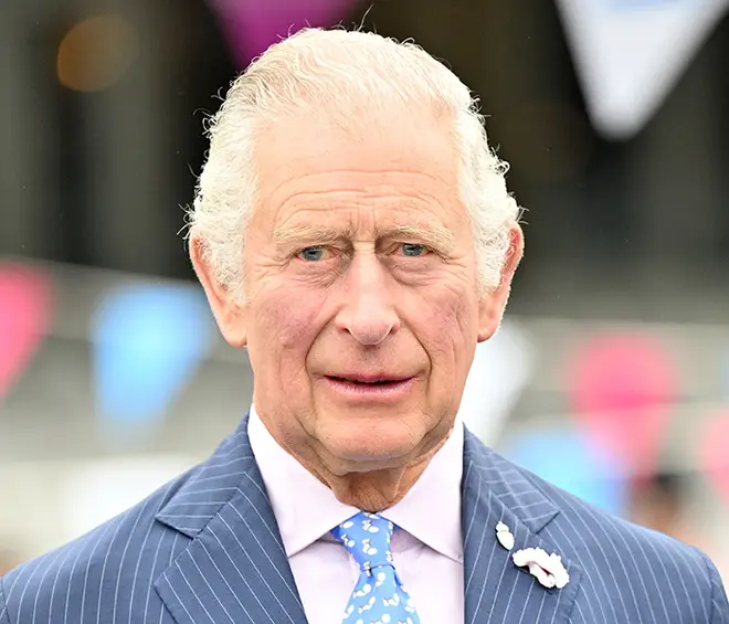 King Charles wearing a blue stripe suit with pastel shirt