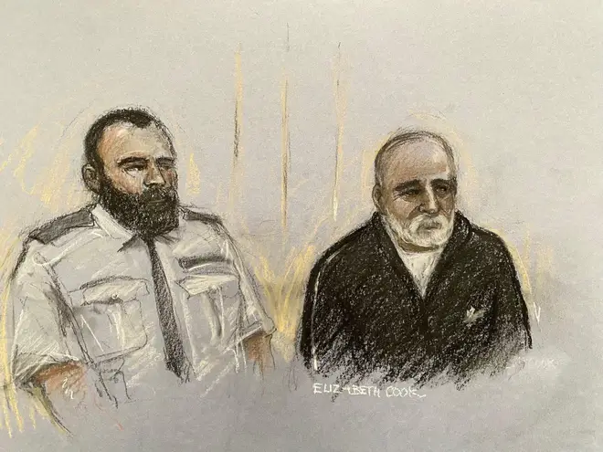 A court sketch of Piran Ditta Khan from today at Westminster Magistrates' Court