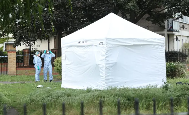 A forensic tent at the scene in Tower Hamlets, East London after a man suffered stab injuries this afternoon and was pronounced dead at the scene.