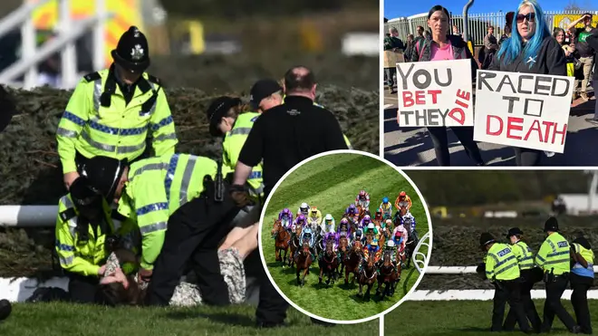 Grand National delayed as animal rights protesters breach security's 'ring of fire' and invade racecourse