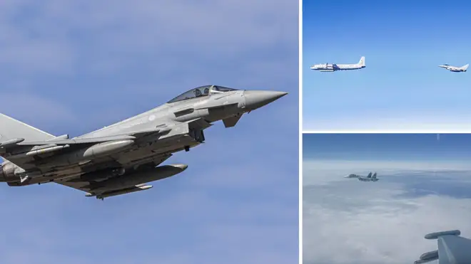 The intelligence plane (top right, on the left) was intercepted by Typhoon jets, as was its Flanker (bottom right) escort