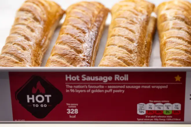 A close-up of sausage rolls on sale in a Greggs bakery on January 10, 2022 in Cardiff, Wales.