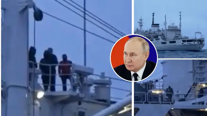 Footage from the Scandinavian documentary shows men brandishing assault rifles on a Russian ship.