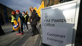 Members of the Public and Commercial Services Union on the picket line outside the Passport Office in east London