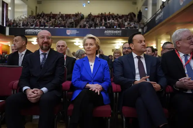 President of the European Council Charles Michel, President of the European Commission Ursula von der Leyen and Taoiseach Leo Varadkar sit together during the international conference