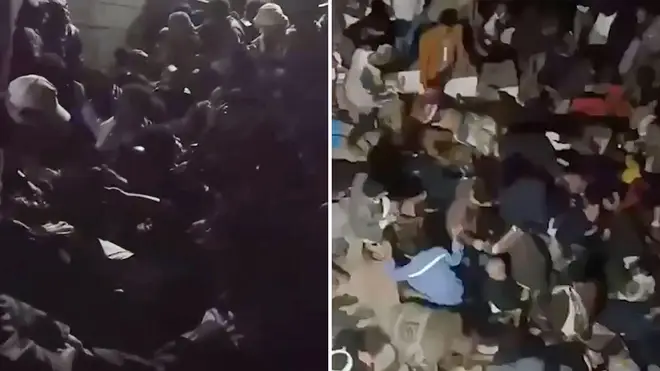 This image from a video, shows the scene of the deadly stampede in Sanaa, Yemen