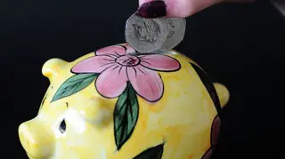 A piggy bank and coins