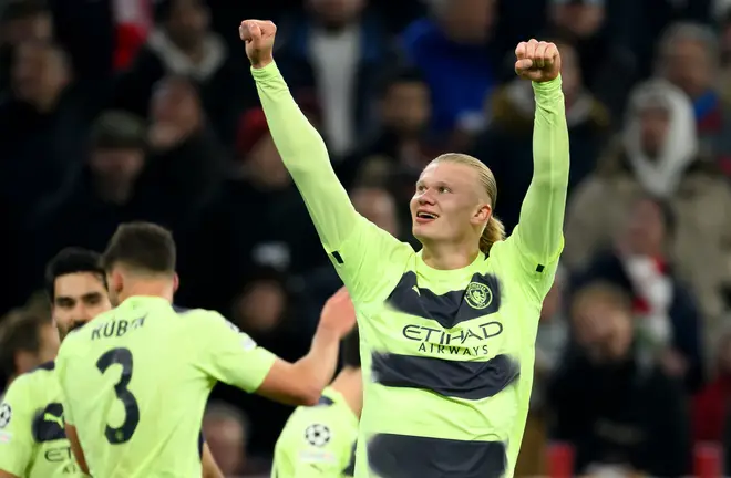 Erling Haaland of Manchester City celebrates after scoring on Wednesday