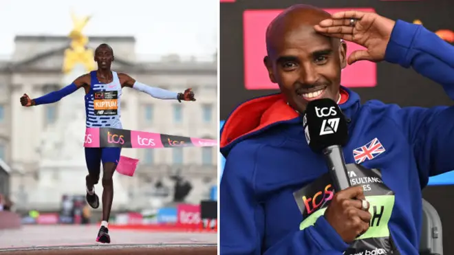 A Kenyan runner has smashed the course record for the London Marathon as Sir Mo Farah competed in the race for the final time.