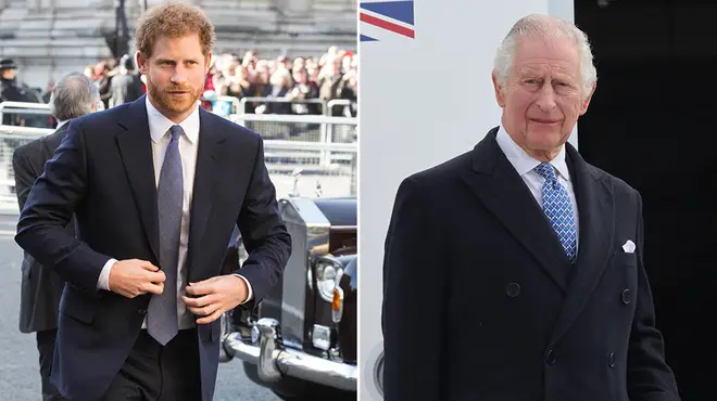 Prince Harry and King Charles in black suits with ties