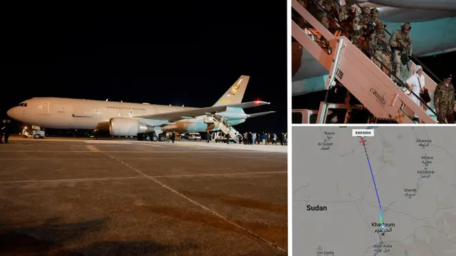 The first flight out of Khartoum has taken off. Main picture and top right, an Italian rescue flight