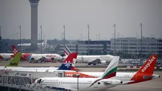 Planes parked on the tarmac at Paris Charles de Gaulle airport in France