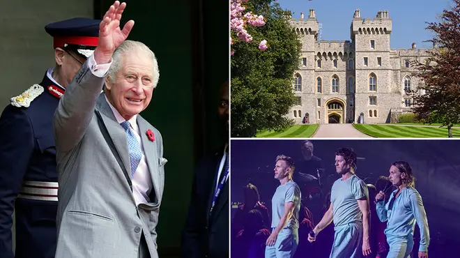 King Charles III waving alongside a picture of Windsor Castle and Take That where his Coronation Concert will happen