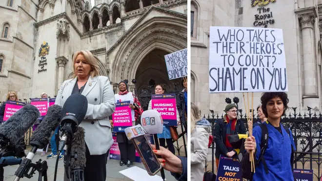 Royal College of Nursing general secretary Pat Cullen gives a statement outside the Royal Courts of Justice
