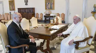 Ukraine Prime Minister Denys Shmyhal, left, meets Pope Francis at The Vatican