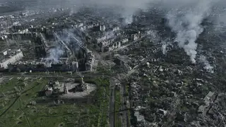 Smoke rises from buildings in this aerial view of Bakhmut, the site of the heaviest battles with the Russian troops in the Donetsk region