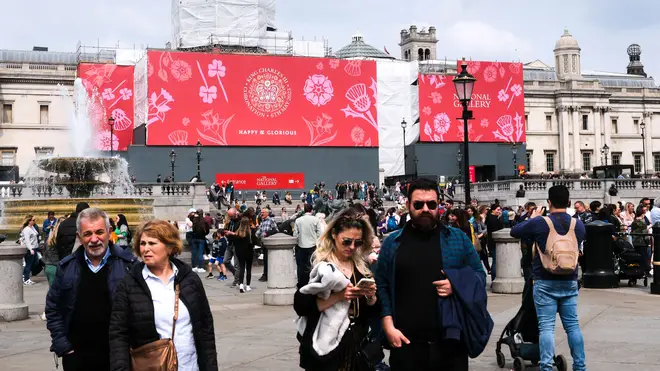 Trafalgar Square is prepared for Coronation events next weekend, with signs placed on Saturday