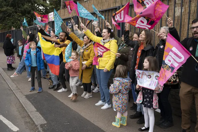 Teachers and support staff are seen on their picket line outside the Judith Kerr Primary School on Half Moon Lane in Herne Hill, South London