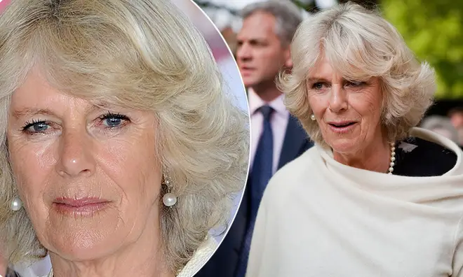 Camilla Parker-Bowles at a royal event wearing a pearl necklace and earrings