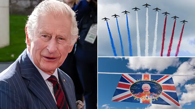 King Charles smiling alongside pictures including a royal flyover with red white and blue smoke and coronation flag