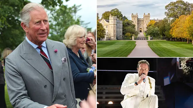 King Charles wearing a grey suit and red tie alongside a picture of Windsor Castle and Olly Murs performing