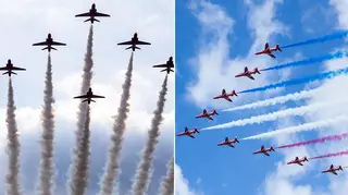 The Red Arrows performing at previous royal events with red, white and blue smoke coming from them