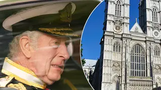 King Charles wearing his military uniform while travelling in a car alongside a picture of Westminster Abbey