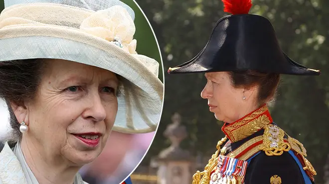 Princess Anne at the races wearing a cream hat and pearl earrings alongside a picture of her in her military uniform riding a horsr