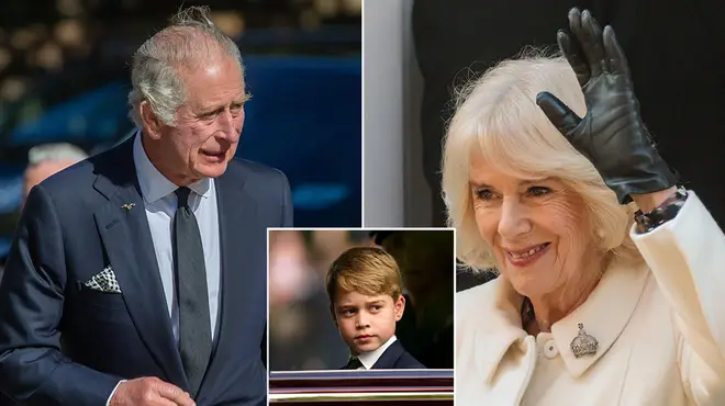 King Charles in a blue suit and Queen Camilla  wearing a cream cut with an insert of Prince George looking out of a car window