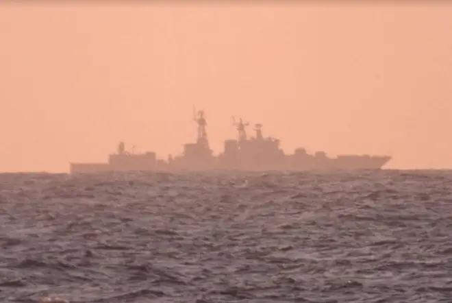 The Russian destroyer Vice Admiral Kulakov pictured sailing towards the North Sea yesterday