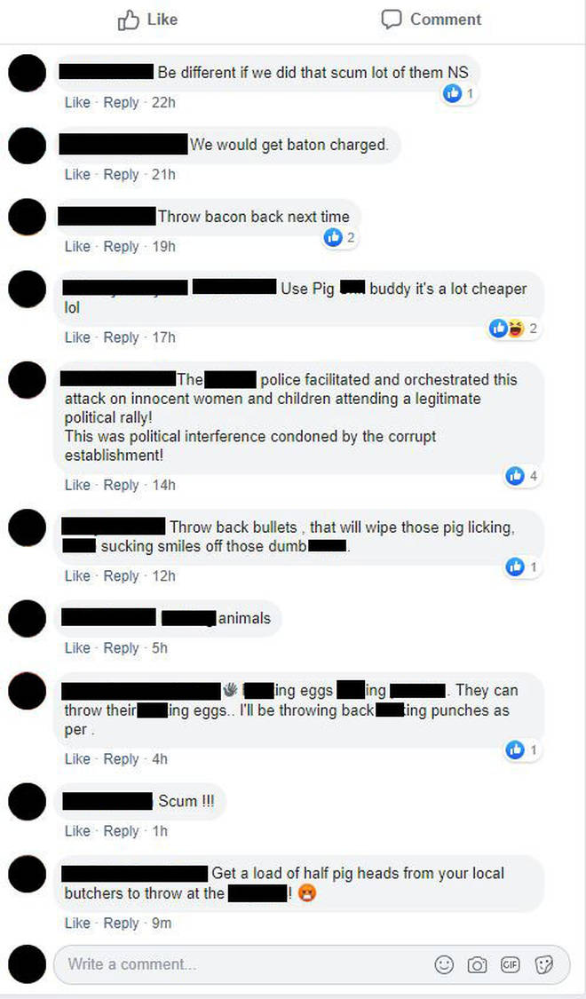 One Facebook user responded to this story about Muslims throwing eggs at protesters by saying "throw bullets back"