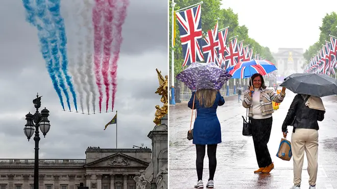 The Red Arrows flypast over London with blue, white and red smoke alongside a rainy Mall
