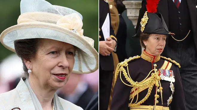 Princess Anne wearing a green hat at the races alongside a picture of her in her military uniform while wearing her medals