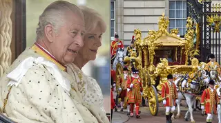 King Charles and Queen Camilla alongside a picture of the Gold State Coach leaving Buckingham Palace