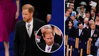 As the King's Coronation got underway at Westminster Abbey, Prince Harry could be seen grinning from the third row beside senior royals.