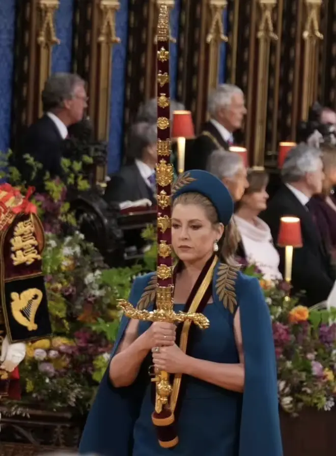 Leader of the House of Commons Penny Mordaunt becomes the first woman to carry the Jewelled Sword of Offering