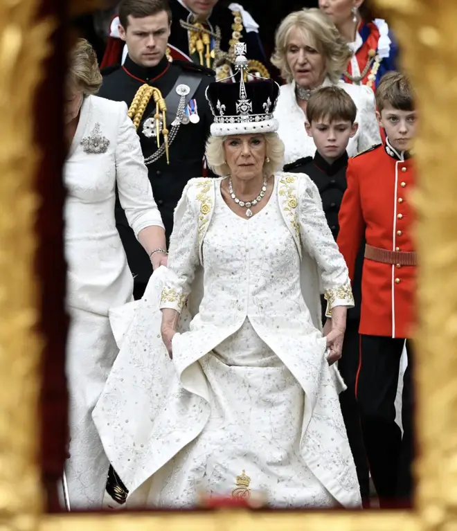 Queen Camilla leaving the ceremony at Westminster Abbey.