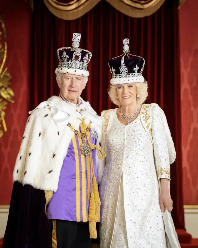 The third of the newly released images sees His Majesty and Her Majesty pictured together in the Throne Room at Buckingham Palace.