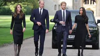 Kate, William, Harry and Meghan on the long Walk at Windsor Castle arrive to view flowers and tributes to HM Queen Elizabeth on September 10, 2022 in Windsor, England.