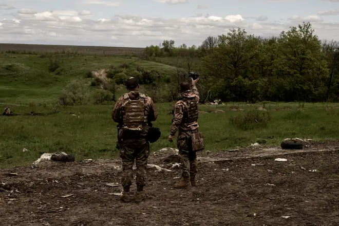 Ukrainian soldiers control flying drone at training camp amid Russia-Ukraine war in Donetsk, Ukraine