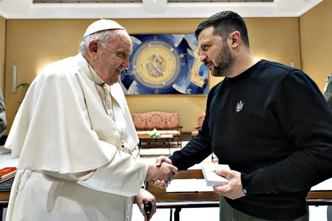 Pope Francis meets with Ukrainian President Volodymyr Zelensky  at the Studio of Paul VI Hall on May 13, 2023